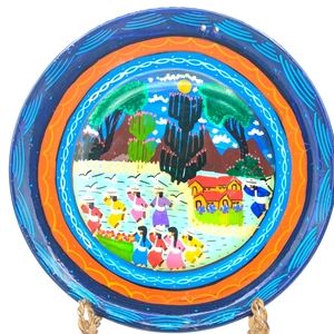 Mexican-Folk Art Terracotta plate. Hand-painted. Agricultura scene. Vibrant colo